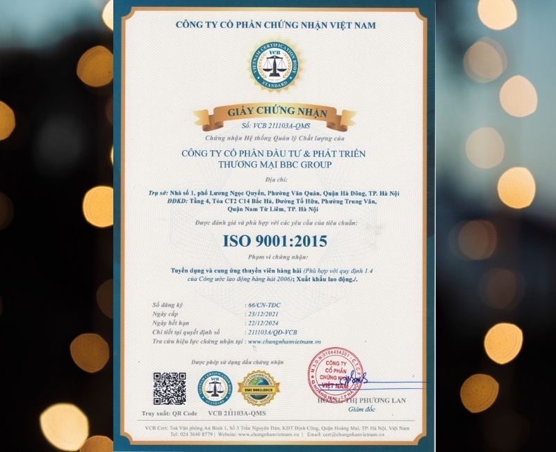 BBC GROUP VINH DỰ ĐẠT CHỨNG NHẬN ISO 9001:2015 DO TỔ CHỨC CHỨNG NHẬN VIỆT NAM CẤP